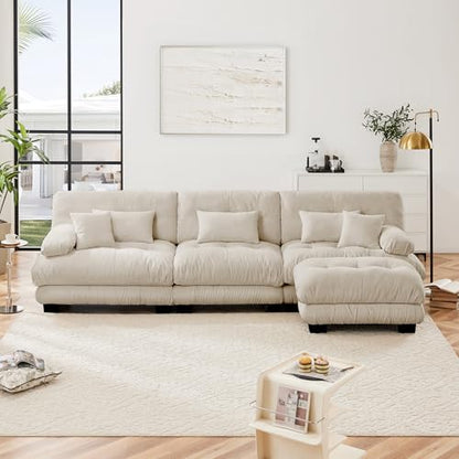 Modular Sectional Sofa for Living Room,134" L-Shaped Comfy Couch with Ottoman, Oversized 3 Seater Beige Sectional Couches with Pillows, Fluffy Couch Set with Deep Seat - color: Chenille Beige, size: 3-Seat & 1-Ottoman