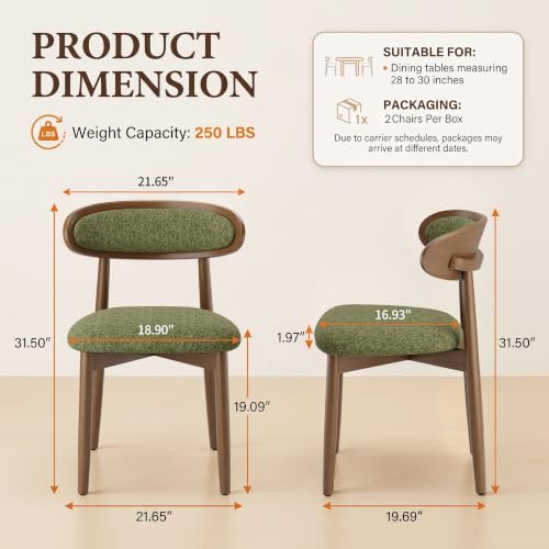 Wooden Dining Chairs Set of 2, Modern Fabric Upholstered Dining Room Chair, Kitchen Side Chairs, Farmhouse Dinner Chair with Curved Back for Kitchen, Green - color: Green, size: Set of 2