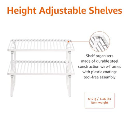 Amazon Basics Space-Saving Stackable Metal Kitchen Cabinet Organizer Shelves for Dishes, Pantry Organization, 12.5" L x 8" D x 4.5" H, Set of 2, White