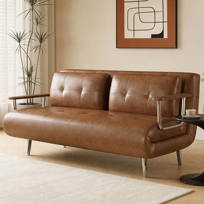 70.86In Faux Leather Convertible Sofa Bed Futon Couch Brownwn | Sturdy Metal Legs, Folding Build, Adjustable Backrest, Heavy‑Duty Support, Space‑Saving, Multi‑Position Unit, Apartment‑Fit - size: 70.86"