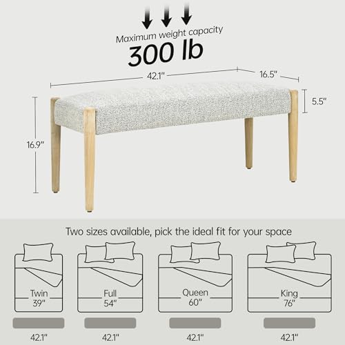 Usaint 42" End of Bed Bench with Wood Legs, Heathered White with Oak Leg | Modern Upholstered Bedroom Bench with Rubberwood Legs, Entryway Bench with Cushion, Dining Bench for Living Room, Bedroom - color: Heathered Off-white With Oak Leg