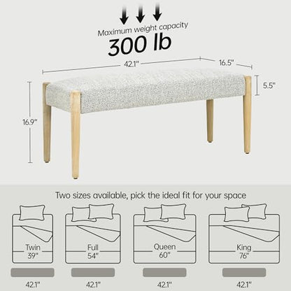 Usaint 42" End of Bed Bench with Wood Legs, Heathered White with Oak Leg | Modern Upholstered Bedroom Bench with Rubberwood Legs, Entryway Bench with Cushion, Dining Bench for Living Room, Bedroom - color: Heathered Off-white With Oak Leg