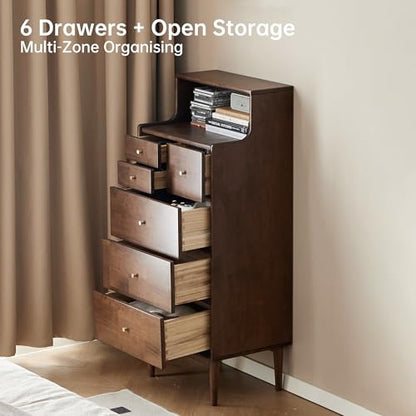 100% Solid Wood Nightstand, 6 Drawer Walnut Side Table with Open Shelve, Tall Nightstand for Small Spaces, Living Room, Bedroom, Hallway(Walnut, 19" W x 15" D x 47" H) - color: Walnut, size: 47" H
