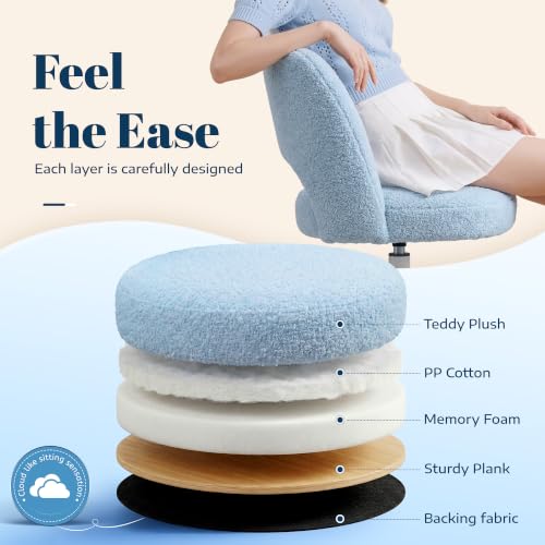 DurayLoly Vanity Chair with Wheels,Open Back, Armless,Light Blue | Chair Soft Teddy Fabric 6" Thick Cushion, Height Adjustable 17.5"–21.5", 360° Swivel for Vanity Table, Home Office - color: Light Blue