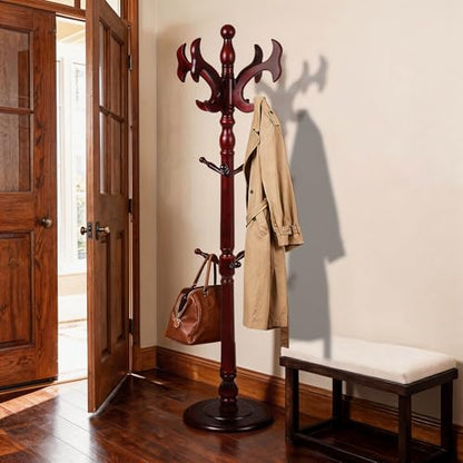 Wooden Coat Rack Freestanding with 14 Hooks, Adjustable Height Coat Tree Free Standing Heavy Duty for Entryway, Easy Assembly Solid Wood Sturdy Coat Hats Hanger Stand for Office Hallway Bedroom - color: Redwood-Solid Wood Hook B