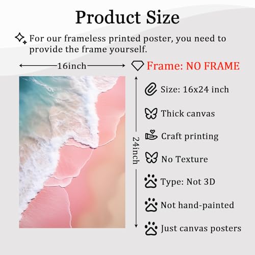 Pink Blue Beach Canvas Wall Art Coastal Themed Beach Landscape Painting Sea Coast Wall Art Pink Coastal Aesthetic Prints Ocean Pink Artwork Sea Preppy Pictures Ocean Waves Poster 16x24inch No Frame - color: A2Unframed
