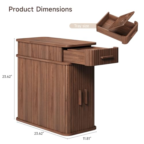 Side End Table with Charging Station, Slim Nightstand with Drawer, Mid-Century Wood Skinny Bedside Table with Storage, Narrow Side Tables for Small Space Living Room Bedroom Office Sofa Couch Walnut - color: Walnut