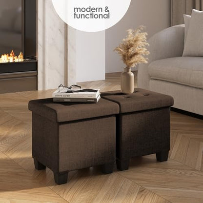Storage Ottoman Cube with Small Bin, 15-in Square Ottoman with Storage for Living Room and Bedroom, Small Ottomans Foot Rest, Fabric Foot Stools Ottomans Max 330lbs, Brown - color: 06 - Brown