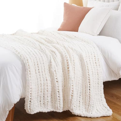 Chunky Knit Throw Blanket for Couch, White Knit Throw Blanket, 50"x60" | Handmade Cable Knit Crochet Blanket, Soft Thick Knot Knitted Throw Blankets for Bed Sofa ,Cream Neutral Blanket Throw - color: Cream