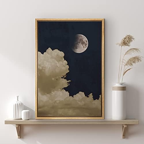 SIGNWIN Framed Canvas Print Wall Art Pastel Clouds with Moon in Dark Blue Sky Nature Wilderness Modern Art Landscape Relax for Living Room, Bedroom, Office - 16"x24" Natural - color: A015-2202-x04, size: 24"L x 16"W