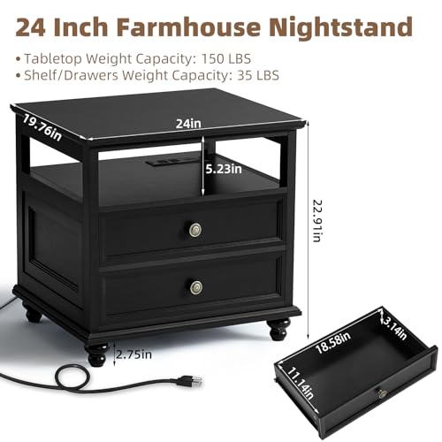Joaxswe Farmhouse Nightstand with Charging Station, 24" Wide End Table with 2 Drawers, Black Dresser for Bedroom, Bed Side Table Chest of Drawers Cabinet,Wood Night Stand for Living Room, Closet - color: Black, size: 19.76"D x 24"W x 22.91"H (2 Drawers)