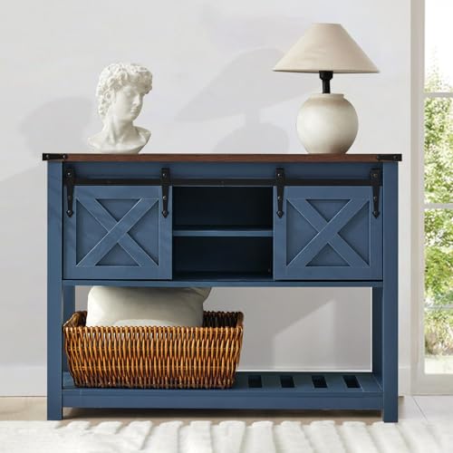 Farmhouse Entryway Table Set of 3, Console Table with Storage and 2 End Tables, Rustic Sofa Table Set for Living Room, Hallway, Bedroom, Blue - color: 3pcs-blue