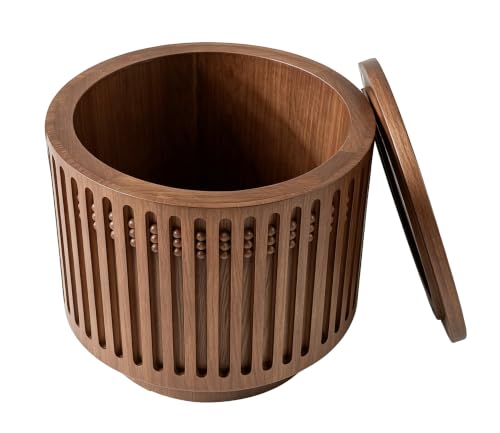 18.9" Round Side Table with Hidden Storage, Wooden End Table | Mid-Century Modern Small Coffee Table with Grille Solid Wood Effect, Boho Table for Living Room,Bedroom,Walnut - color: A-18.9" Round Side Table