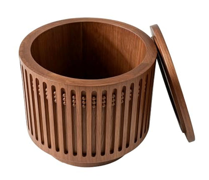 18.9" Round Side Table with Hidden Storage, Wooden End Table | Mid-Century Modern Small Coffee Table with Grille Solid Wood Effect, Boho Table for Living Room,Bedroom,Walnut - color: A-18.9" Round Side Table