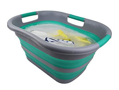 SAMMART 30L (7.9 gallon) Collapsible Plastic Laundry Basket - Foldable Pop Up Storage Container/Organizer - Portable Washing Tub - Space Saving Hamper/Basket (1, Dark Grey/Bluish-Green) - color: Dark Grey/Bluish-Green