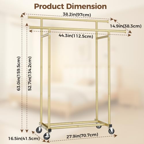 HYSEYY Double Rods Clothes Rack, Sturdy Rolling Clothing Rack, Portable Clothing Racks for Hanging Clothes - Metal Garment Rack Wardrobe Coat Rack for Bedroom Laundry Living Room, Light Gold - color: Light Gold