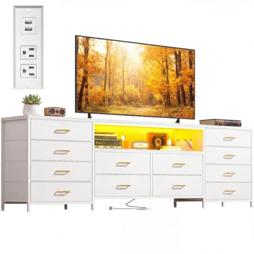 EnHomee 12 Drawers Dresser for Bedroom,TV Stand Fits 55/65/70 inch TVs | Entertainment Center with LED Lights & Power Outlets,Long Fabric Dresser with 2 Wood Shelves for Living Room,White PU Leather - color: White