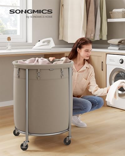 SONGMICS Laundry Basket, Rolling Steel Frame with 2 Locking Wheels, 190 L | Heavy-Duty Laundry Hamper Cart with Removable Bag, Camel Brown and Metallic Silver, URLS001N01 - color: Camel Brown + Metallic Silver, size: 190 L (1-Section)
