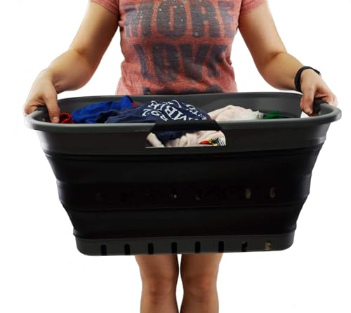 SAMMART 42L Collapsible Plastic Laundry Basket - Foldable Pop Up Storage Container/Organizer - Space Saving Hamper/Basket (1, Grey/Black) - color: Grey/Black