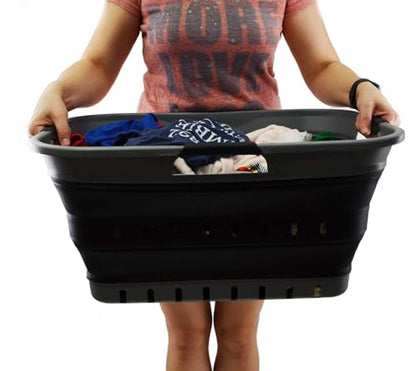SAMMART 42L Collapsible Plastic Laundry Basket - Foldable Pop Up Storage Container/Organizer - Space Saving Hamper/Basket (1, Grey/Black) - color: Grey/Black