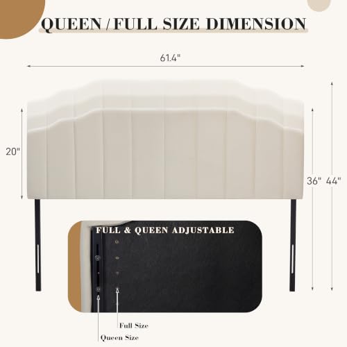 Upholstered Headboard Adjustable Height Queen/King Headboard Cream Velvet Tufted Modern Vertical Channel Design with Stepped Silhouette Top Edge(Beige Queen) - color: Beige, size: Queen