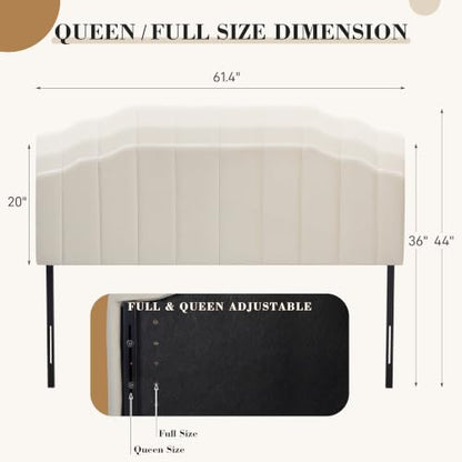 Upholstered Headboard Adjustable Height Queen/King Headboard Cream Velvet Tufted Modern Vertical Channel Design with Stepped Silhouette Top Edge(Beige Queen) - color: Beige, size: Queen