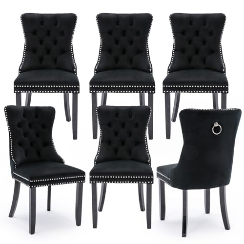Velvet Upholstered Dining Chairs Set of 6, Modern Style Kitchen Side Chairs with Nailhead Trim and Wood Legs,Metal Pulling Ring for Dining Room Living Room(Black,Set of 6) - color: Black, size: Set of 6