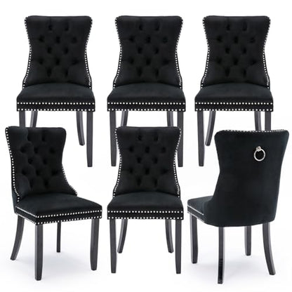 Velvet Upholstered Dining Chairs Set of 6, Modern Style Kitchen Side Chairs with Nailhead Trim and Wood Legs,Metal Pulling Ring for Dining Room Living Room(Black,Set of 6) - color: Black, size: Set of 6