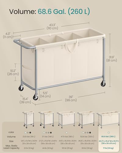SONGMICS Laundry Basket with Wheels, 4-Section Rolling Laundry Hamper, 68.6 Gallons (260 L), Removable Liner, Steel Frame with Handle, 43.3 x 15.4 x 31.9 Inches, Cream White URLS014W01 - color: Cream White, size: 260 L (4-Section)