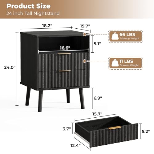 EAG Mid Century Modern Nightstand, Bedside Table with 2 Drawers, Black | Fluted Nightstand with Open Storage Shelf & Solid Wood Legs, Wooden End Table for Bedroom, Sofa Home Office - color: Black, size: 18" W