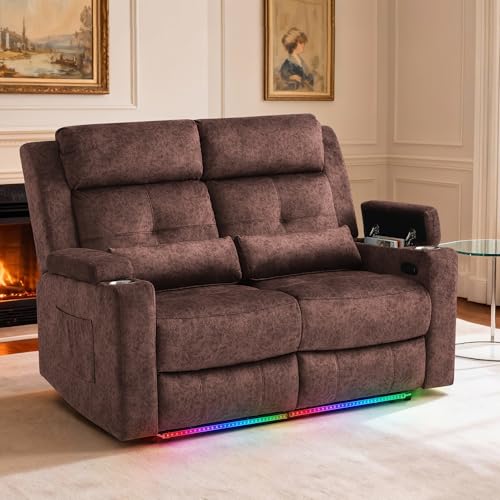 Power Reclining Loveseat with LED Lights/Arm Storage, Wall Hugger Loveseat Recliner with USB Ports, 2 Cushions, Power Loveseat Sofa for Living Room, Home, RV Camper(Brown, 2 Seat) - color: Brown, size: 2 Seat