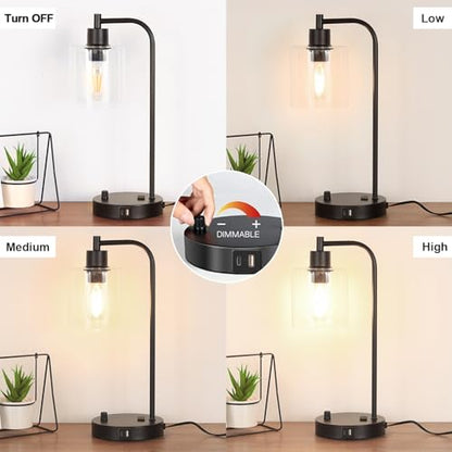 Industrial Table Lamp with USB A+C Ports and Outlet, Fully Stepless Dimmable Modern Nightstand Lamp, Glass Shade Bedside Desk Lamp for Bedroom Living Room Office, 8W 2700K LED Edison Bulb Included.