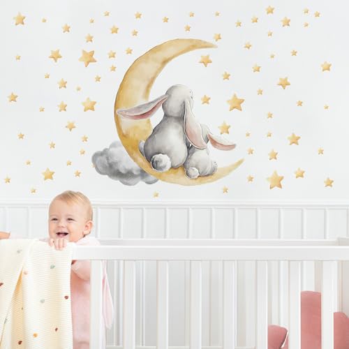 Easter Bunny Peel & Stick Wall Decals, Moon & Stars Wall Stickers | removable. Cute bunny with moon & stars. Ideal for bedroom, nursery, living room. - color: Easter Cute Bunny Wall Decals