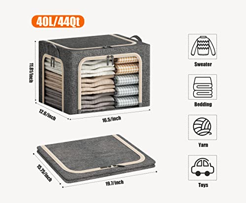 3 Openings Clothes Storage Bins with Metal Frame, Foldable Storage Bin for Clothes, Clothing Storage Bins with Lid, Linen Storage Box With Clear Window＆ Zippers＆ Durable Handles.(3 Pcs,Dark Grey,40L) - color: Dark Grey, size: Medium-(‎16.5 x 12.6 x 11.8 )