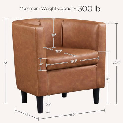 Yaheetech Barrel Accent Chair, Mid Century Armchair, Brown | Faux Leather Chair with High-Density Foam Seat, Upholstered Barrel Sofa Chair for Living Room Bedroom Waiting Room - color: Brown, size: Set of 1