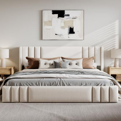 VilroCaz Queen Size Linen Upholstered Platform Bed Frame with Thick Fabric Headboard, No Box Spring Needed (Beige-6.17, Queen) - color: Beige-6.17, size: Queen