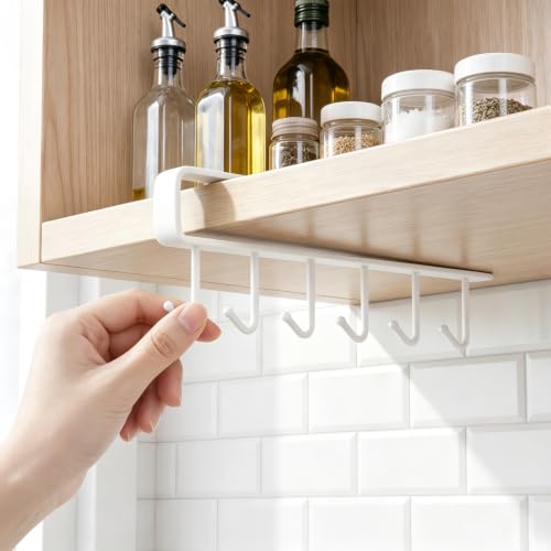 Under-Shelf Storage Rack with 6 Hooks, Space Saving for Cupboard Storage and Home Organization, 2PCS, White - color: White