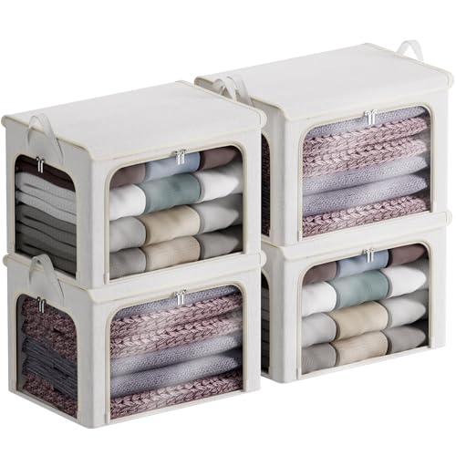 4 Pack Clothes Storage Bins with Metal Frame - 66L Stackable Storage Box with Lid，Foldable Storage Container Organizer for Clothes，Linen Fabric Storage Box with Clear Window＆Zippers＆Handles - color: Light Grey, size: 67L