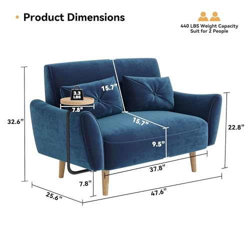 48" Loveseat Sofa - Small Couch for Small Spaces, Convertible Tray Sofa with 2 Pillows, Velvet Couch for LivingRoom, Bedroom, Apartment, Studio, Blue - color: Blue, size: Velvet