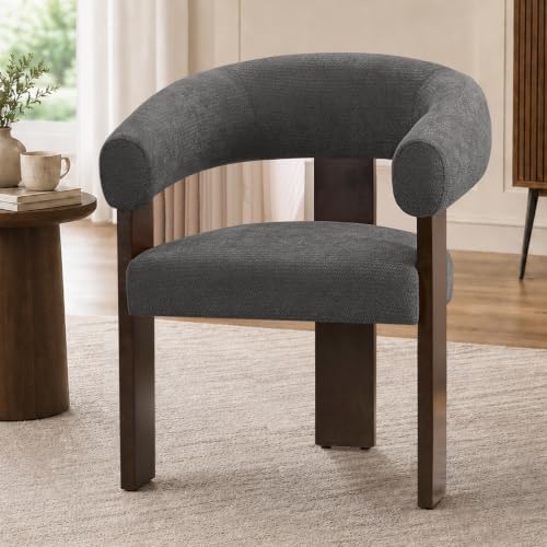 Modern Accent Chair, Barrel Armchair, U-Shaped Backrest, Grey | Barrel Accent Chair, Upholstered Arm Chair, Ergonomic Curved Back, Soft Chenille, Solid Wood Legs, Living Room, Bedroom - color: Grey