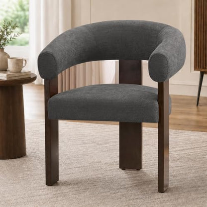 Modern Accent Chair, Barrel Armchair, U-Shaped Backrest, Grey | Barrel Accent Chair, Upholstered Arm Chair, Ergonomic Curved Back, Soft Chenille, Solid Wood Legs, Living Room, Bedroom - color: Grey