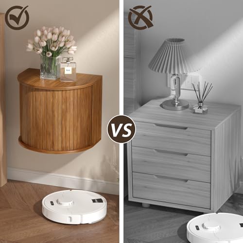 Floating Nightstand Set of 2,Wooden Wall-Mounted Nightstand with Fluted Sliding Roll-Up Door,Space-Saving,Suitable for Small Space Bedroom,Living Room - color: Walnut-floating Nightstand Set of 2