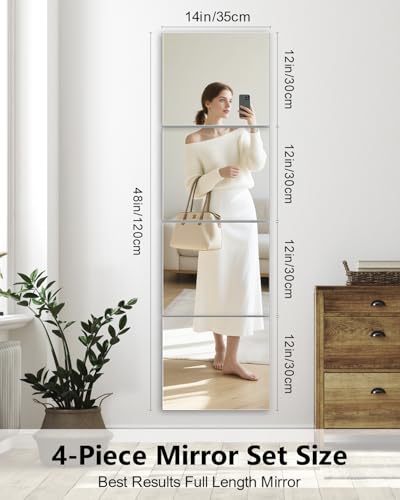 Full Length Wall Mirror Tiles, 12'' x 14'' x 4PCS, Acrylic Unbreakable Full Body Mirror for Bedroom Squares Shatterproof Mirror Sheets Wall Mounted for Home Gym Door - size: 12x14Inchx4Pack