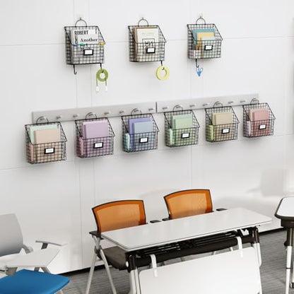 4 Packs Hanging Wall File Organizer with Hooks, Magazine Rack ,Mail Basket | Metal Wall Mounted File Holder Folder with Handles , Home Office Organization for Papers Book, No Assembly Required, Black