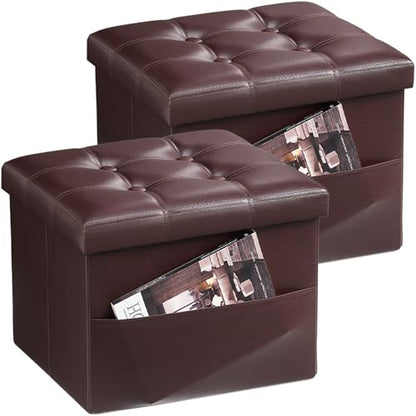 Bsketa Storage Ottoman Bench, 16" Folding Leather Foot Rest, Brown 2 Pack | Small Ottoman with Side Pockets, Thicker Foam Padded Seat, Livingroom, Dorm, Bedroom, Easy to install, 38L, 16x12x12in - color: Brown 2 Pack-with Side Pockets.