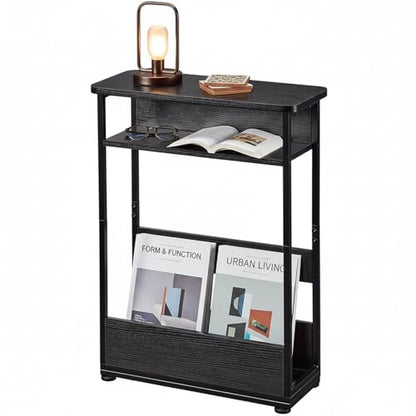 Narrow Side Table,3-Tier Slim End Table with Storage Shelf,Modern Sofa Table Thin Side Table for Narrow and Small Spaces, Skinny Bedside Table Small Nightstand with Magazine Rack Space Saving/Black - color: Black