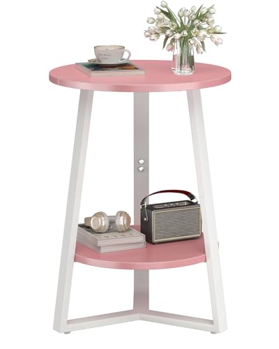 sthmec Small Round End Table, 2 Tier Side Table with Storage Shlef,Coffee Table Wooden Tabletop & Metal Frame,Round Accent Table Small Nightstands Couch Tables for Bedroom,Livingroom,Pink - color: Pink