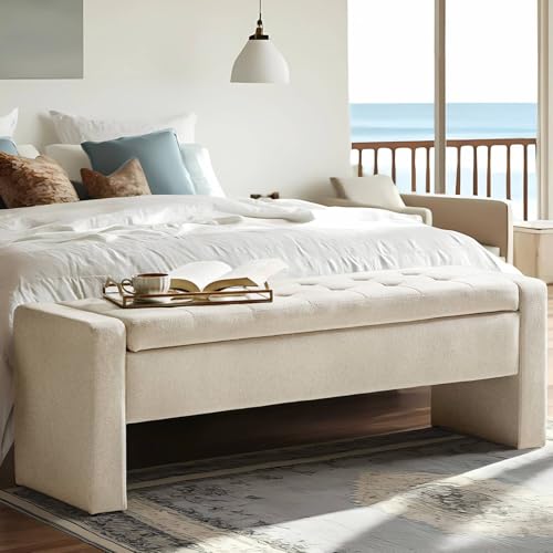 55" Modern Upholstered Storage Bench with Tufted Seat, Fabric Ottoman Bench for Bedroom, Entryway, or Living Room, Soft Close Hinge,Linen - color: Linen