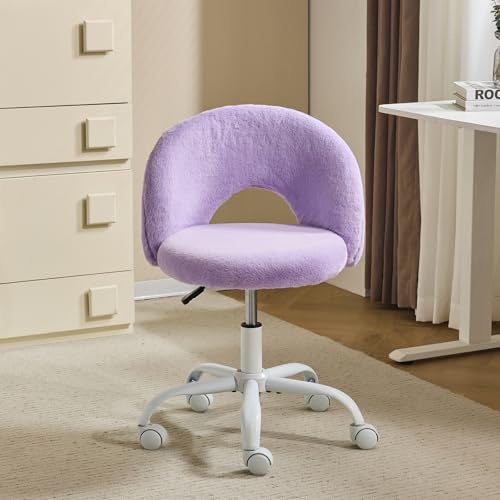 VINGLI Small Vanity Chair with Faux Fur Wheels for Girls,Cute Adjustable Height Armless Office Desk Chair,360°Swivel Comfy Rolling for Study,Make up Room,Small Space,Purple - color: Furry Purple