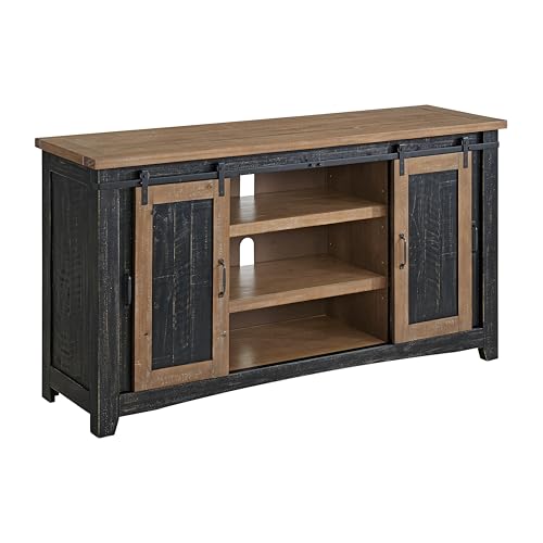 Martin Svensson Home Rustic 65" Wood Entertainment Center Black & Driftwood | Solid Pine, TV Stand, Sliding Doors, Adjustable Shelves & Cable Management, for TVs up to 70" - color: Black and Driftwood